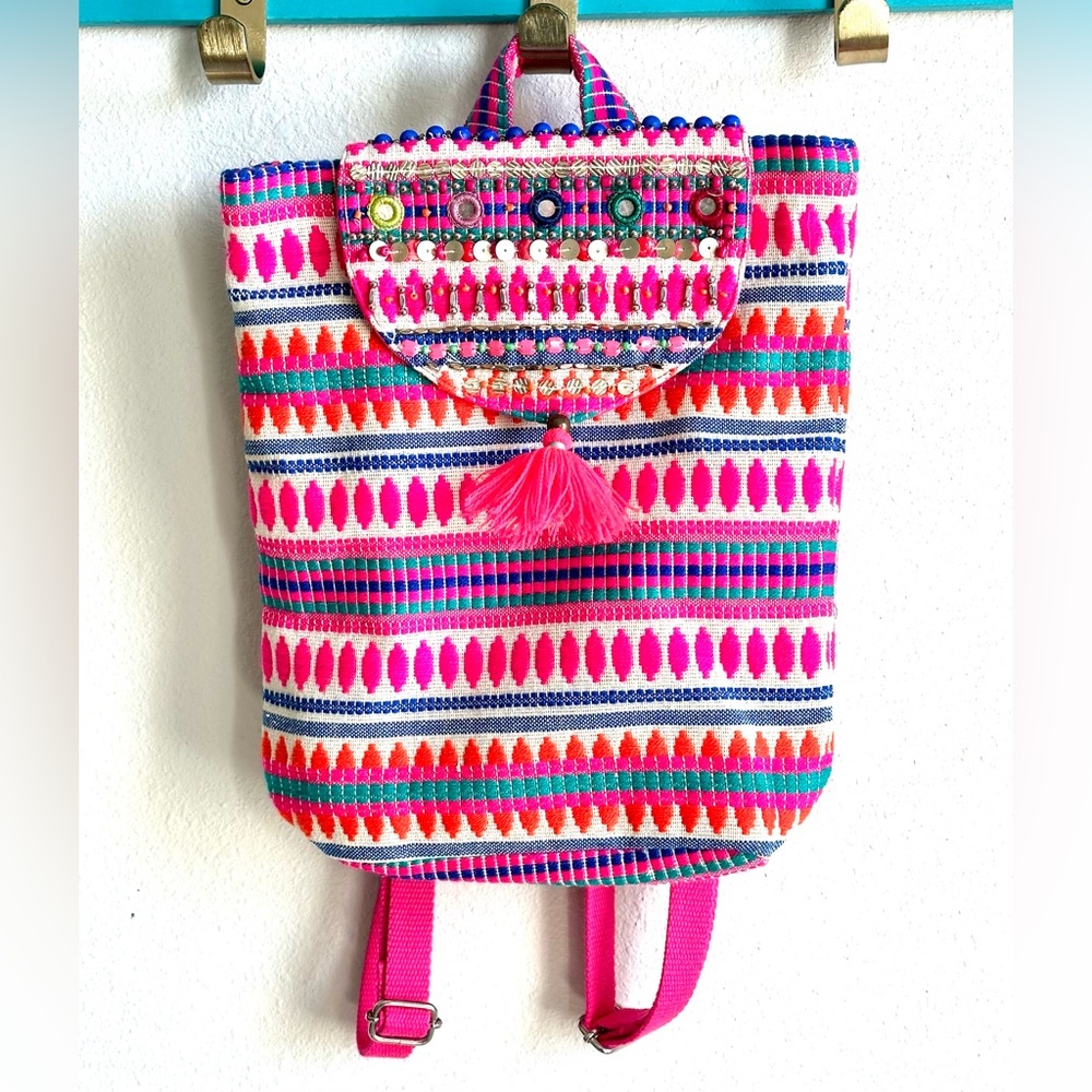 Accessorize Pink & Cream‎ Embroidered Boho Woven Backpack NWT Beaded Tassel